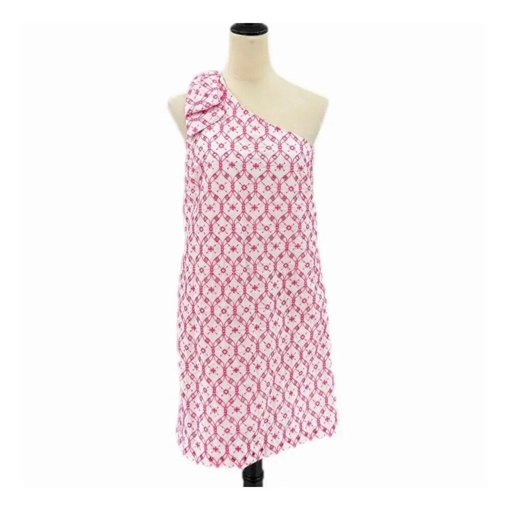 J. Crew NEW White Hot Pink Embroidered 100% Cotton Bow Preppy One Shoulder Dress